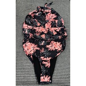 Womens Floral Halter One Piece Swimsuit Black Coral Pink Ruched Bathing Suit XL